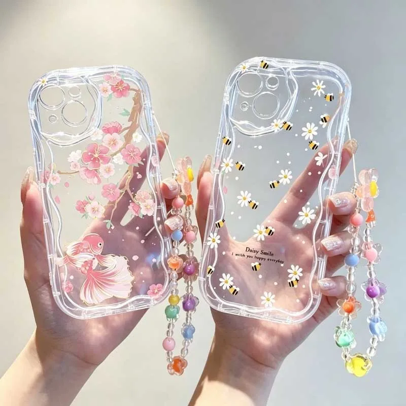 Cute Cartoon Wrist Strap Silicone Case - 귀여운 미소 모양의 꿀벌과 꽃이 그려진